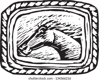 Black and white vector illustration of Western Belt Buckle with Horse