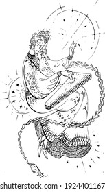 black and white vector illustration which depicts a girl playing a musical instrument. can be used in advertisements on flyers or otherwise