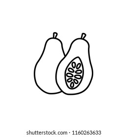 Black & white vector illustration of whole & cut papaya with seeds. Line icon of fresh tropic fruits. Vegan & vegetarian food. Health eating ingredient. Isolated object on white background. 