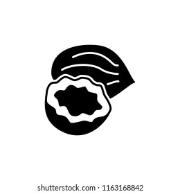 Black & white vector illustration of whole & cut coconuts. Flat icon of fresh coco nuts. Vegan & vegetarian food. Health eating ingredient. Isolated object on white background. 