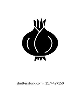 Black & white vector illustration of whole unpeeled onion bulb. Flat icon of fresh organic onion root. Vegan & vegetarian food. Health eating ingredient. Isolated object on white background. 