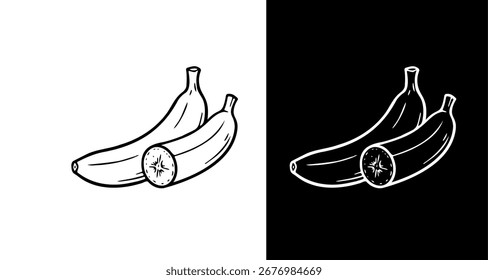 Ilustração de vetor preto e branco de banana inteira e meia banana com contorno negrito.