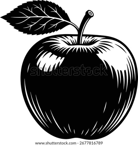A black and white vector illustration of a whole apple with a single leaf and stem, depicted in a classic woodcut or engraving style with bold lines and shading.