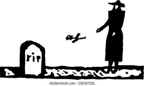Black and white vector illustration of widow in front of the gravestone