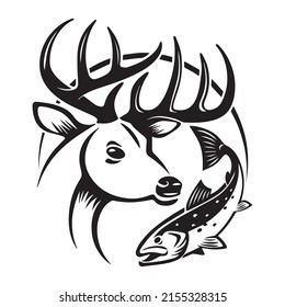 Black And White Vector Illustration. Wild Nature. Logo Or Icon. Hunting And Fishing. Deer And Fish.