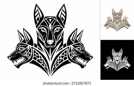 Black and white vector illustration of a wild wolf head tattoo design, featuring tribal art symbols