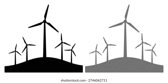 Black and white vector illustration of wind turbines on a hill, clean energy concept