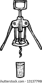 Black and white vector illustration of wine corkscrew and cork