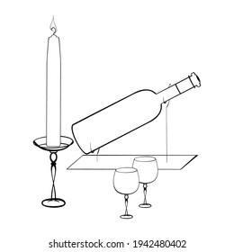 Ilustración vectorial en blanco y negro de una botella de vino sobre el soporte metálico con dos gafas y una vela quemante sobre el soporte aislado sobre fondo blanco. Diseñado en un estilo clásico
