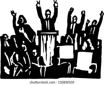 Black and white vector illustration of winning politician on stage