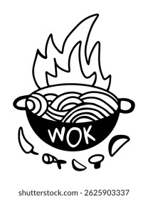 Black and white vector illustration of a wok pan, while cooking oriental noodles and grilled vegetables, on a white isolated background