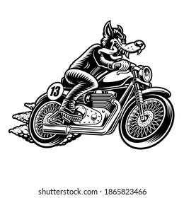 A black and white vector illustration of a wolf biker on a motorcycle, isolated on white background
