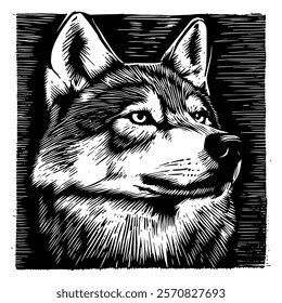 black and white vector illustration of a wolf portrait with detailed fur texture and piercing gaze, ideal for wildlife, nature, and artistic-themed projects