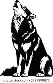 Black and white vector illustration of wolf sitting howling, detailed fur texture design symbolizing wilderness communication and cultural strength
