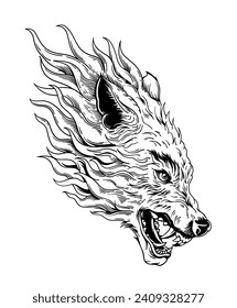 A black and white vector illustration of a wolf's head engulfed in flames. The flames around the wolf's head are drawn in a swirling and they look like they are consuming the wolf from within