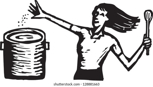 Black and white vector illustration of woman cooking