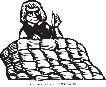 Black and white vector illustration of woman quilting