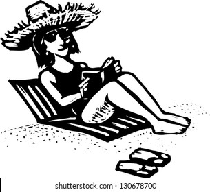 Black and white vector illustration of woman reading at the beach