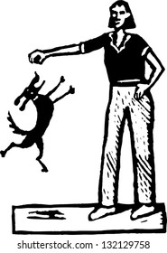 Black and white vector illustration of woman playing with her dog