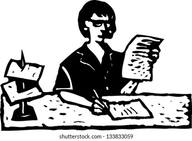 Black and white vector illustration of woman reading bills