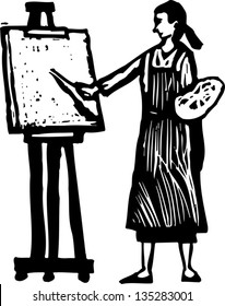 Black and white vector illustration of Woman Painting on Canvas