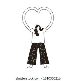 Black white vector illustration with woman showing heart shape by hands. Inspirational motivational female print design, peaceful lifestyle and self love and care concept art, greeting card template