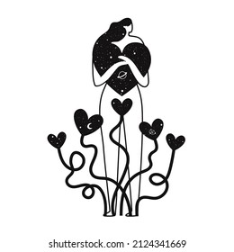 Black white vector illustration with woman, hearts, planets and stars. Apparel print design, monochrome female greeting card template