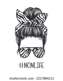 Black and white vector illustration of woman messy bun hairstyle, wearing tiger-patterned glasses and ribbon