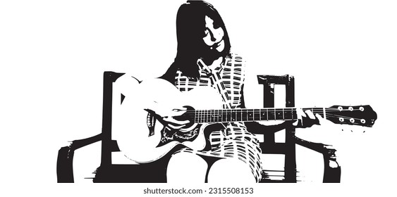 Ilustración vectorial en blanco y negro, mujer sentada, tocando guitarra, cantando