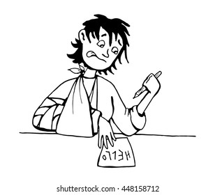 A black and white vector illustration of a woman trying to write with her left hand since her right arm is broken.