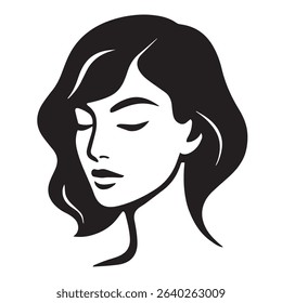 A black and white vector illustration of a woman's face with closed eyes and wavy hair.