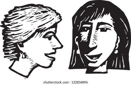 Black and white vector illustration of women talking