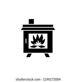 Black & white vector illustration of wood stove. Flat icon of modern furnace. Heating appliance for home. Isolated object on white background