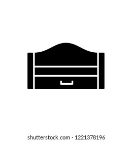 Black & white vector illustration of wooden pull-out sleeper. Modern sofa with bed. Flat icon of settee with headboard. Isolated object on white background