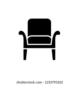 Black & white vector illustration of wooden armchair with high back. Flat icon of arm chair seat. Upholstery furniture. Isolated object on white background 