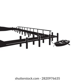 Black and white vector illustration of a wooden pier with a small rowboat. Features a long pier with railings and a single boat tied with a rope. Ideal for waterfront, nature, and solitude themes.