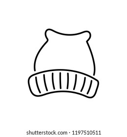 Black & white vector illustration of wool knitted hat. Line icon of textile winter cap. Accessory for men or women to protect head from cold weather. Isolated object on white background. 