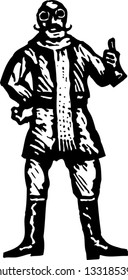 Black and white vector illustration of World War I flying pilot