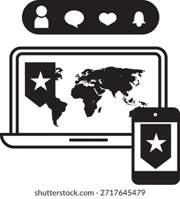 Ilustração vetorial em preto-e-branco de um mapa-múndi em uma tela de laptop e smartphone, com um ícone de emblema de estrela e uma barra de notificação social com símbolos de usuário, mensagem, coração e alerta, representando a presença de negócios internacionais e o engajamento digital global.