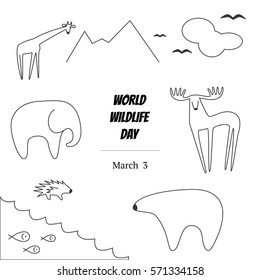 Black and White Vector Illustration of World Wildlife Day with Animals. Elephant, Deer, Polar Bear, Porcupine, Giraffe, Fish, Birds