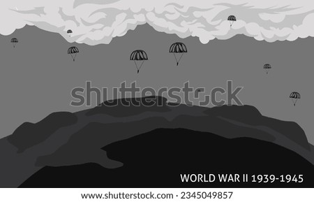 Black and white vector illustration of World War II 1939-1945. aerial battlefield scene