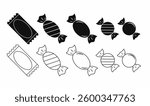 Black and white vector illustration of wrapped candies and sweets. Perfect for confectionery, packaging, branding, icons, stickers, and dessert designs