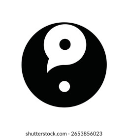 Uma ilustração vetorial preto e branco de um símbolo yin yang dentro de um círculo contra um fundo branco. O estilo é simples e minimalista.