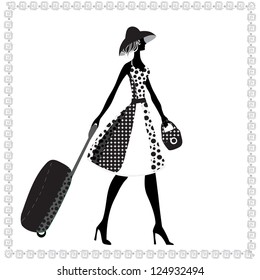 Black and white vector illustration of a young elegant woman with luggage, summer