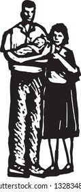 Black and white vector illustration of young couple with new born baby