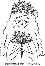 Black and white vector illustration of a young lady and flowers.
