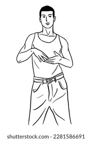 Ilustración vectorial en blanco y negro con un joven.
usar jeans y tanque superior