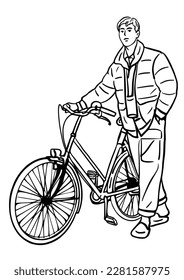 Ilustración vectorial en blanco y negro con un joven.
caminar con bicicleta