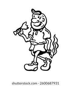 Black and white vector illustration of a young hooligan with a broken bottle and a cigarette in his hand on a white isolated background