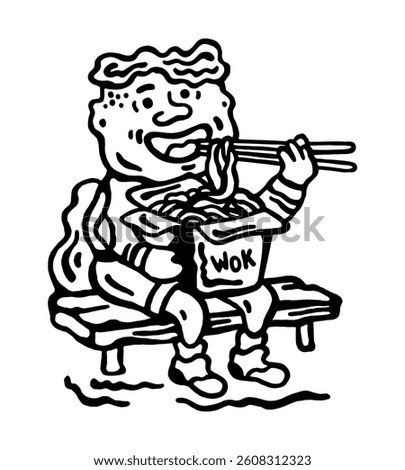 Black and white vector illustration of a young boy eating oriental wok noodles with chopsticks on a white isolated background